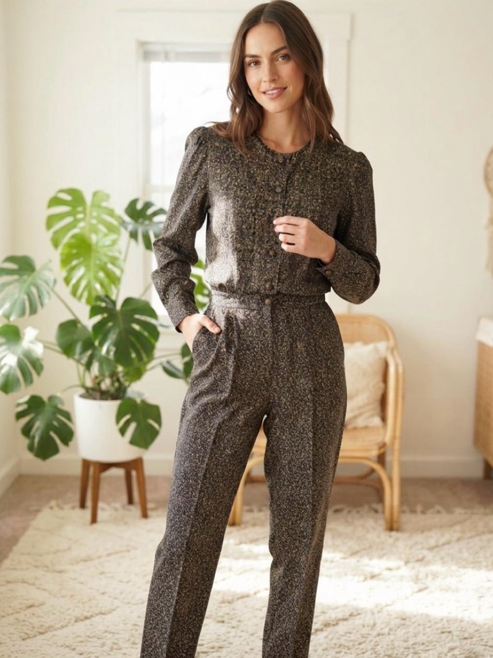 Maggie Lawrence Vintage Floral Pant Set Small Top - Black Gold Match Coord Suit